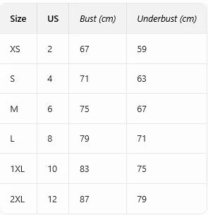 Table displaying clothing size chart with US and measurements in centimeters
