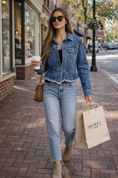 A woman walking on a brick sidewalk wearing a light-wash blue denim jacket with a ruffled hem, paired with matching jeans, sunglasses, and boots. She is holding a coffee cup and carrying a brown paper shopping bag with the brand name 'BOUTIQUE' printed on it.