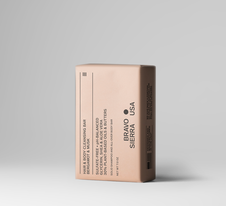 Bar of soap with 'Bravo Sierra USA' branding on a light gray background