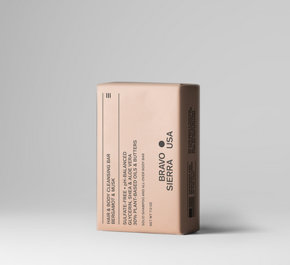 Bar of soap with 'Bravo Sierra USA' branding on a light gray background