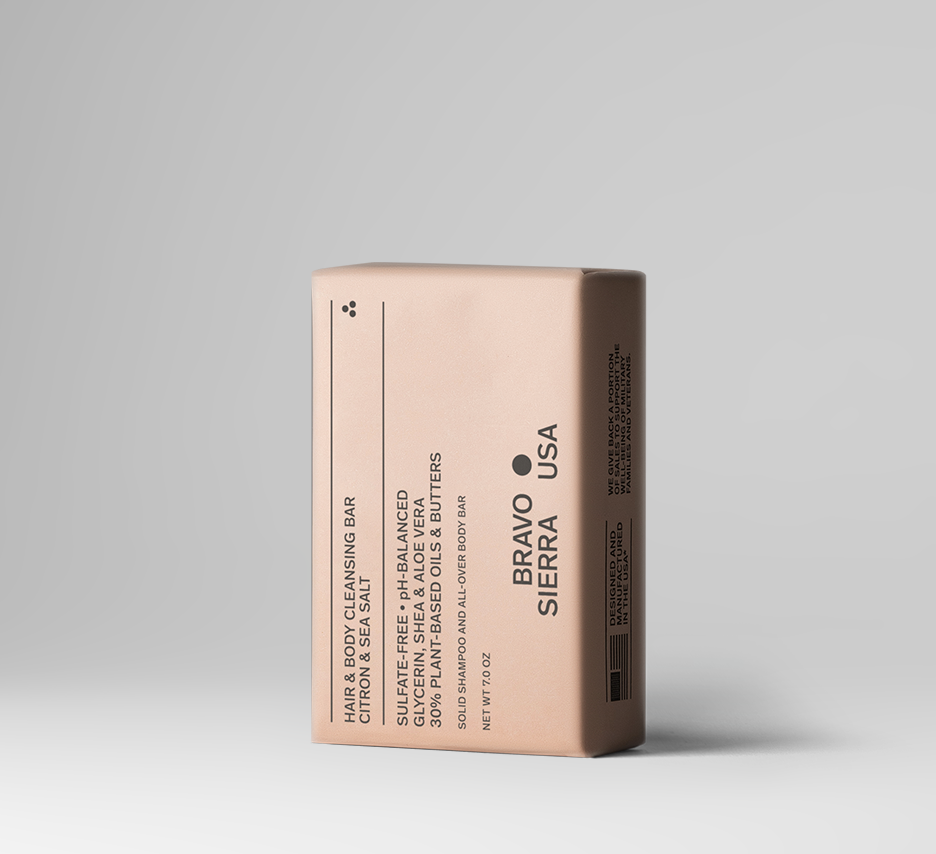 Bar of soap with 'Bravo Sierra USA' branding on a light gray background