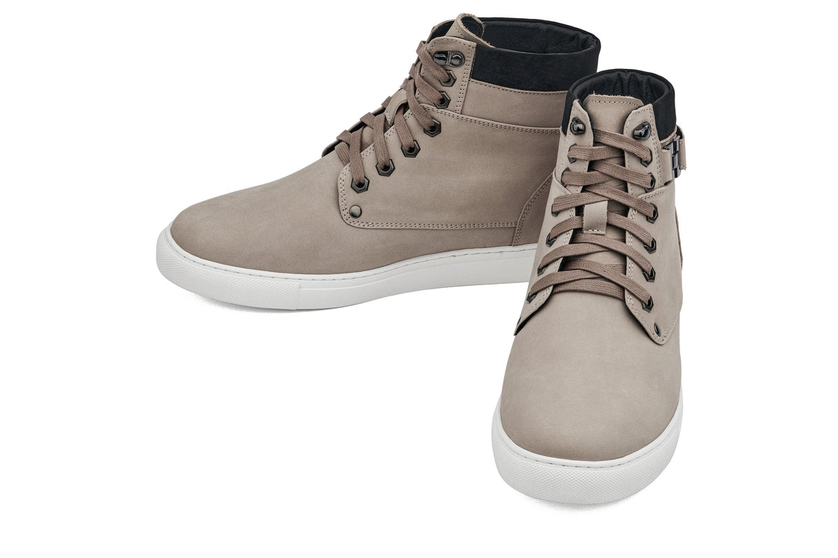 CALTO T53122 nubuck high-top elevator sneak-boot in taupe, styled photo