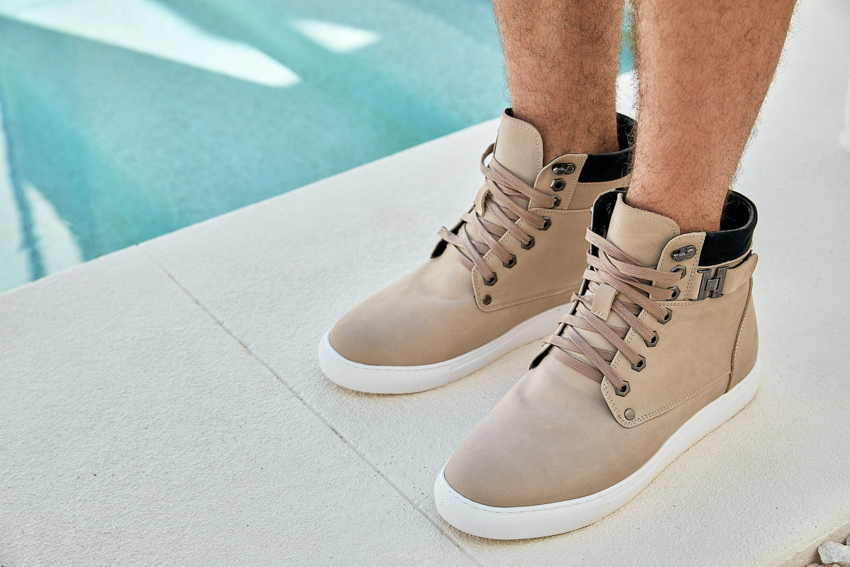 CALTO T53122 nubuck high-top elevator sneak-boot in taupe, additional detail, close view