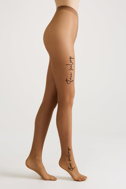 Conte True Love Fantasy Tights — Tattoo Style Print in Bronze Tan, alternate view