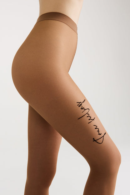 Conte True Love Fantasy Tights — Tattoo Style Print in Bronze Tan, additional detail