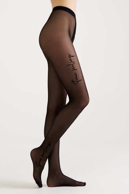 Conte True Love Fantasy Tights — Tattoo Style Print in Nero Black, alternate view