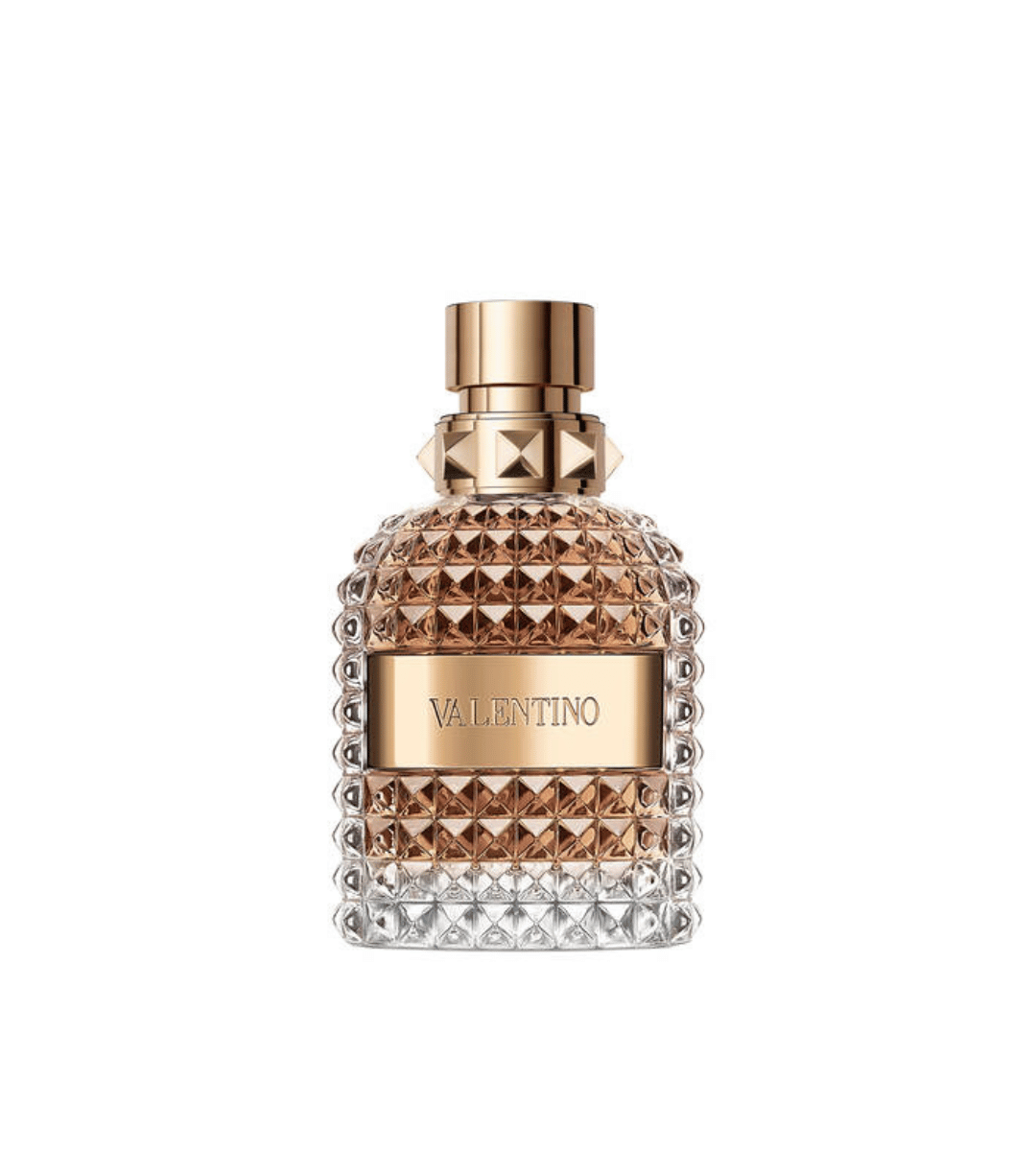 Valentino Uomo fragrance bottle with a textured rose gold body, a polished gold cap, and a gold brand plate on a white background.