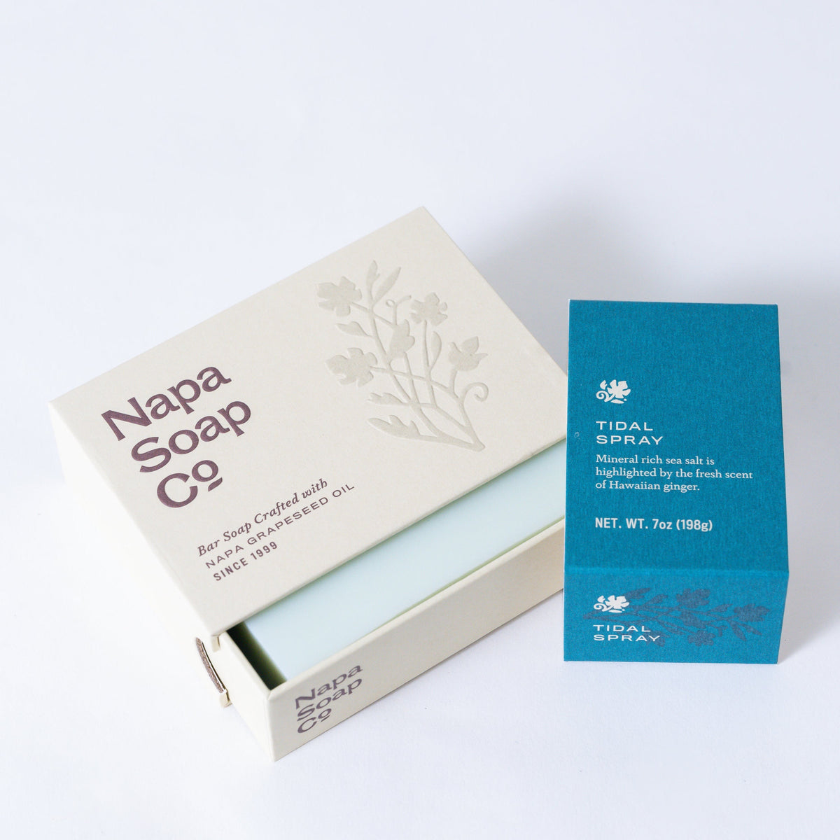 Tidal Spray Bar Soap by Napa Soap Company, unwrapped bar shown with its box on a white background