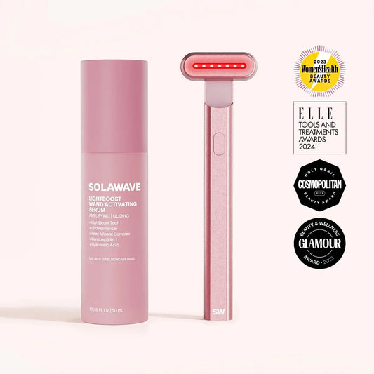 Solawave 4-in-1 Radiant Renewal Skincare Wand kit in Rose Gold with LightBoost Wand Activating Serum