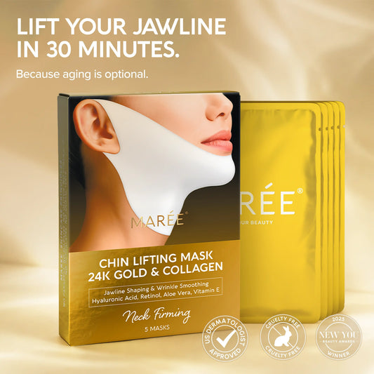 Marée Chin Lifting Mask packaging box shown with five individual yellow mask packets behind it. The box features a model's chin wearing a white lifting mask, with text reading 'CHIN LIFTING MASK 24K GOLD & COLLAGEN'.