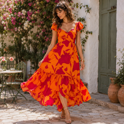 Fitkitty Culture Vibrant Fire floral high-low maxi dress in orange and fuchsia, front view
