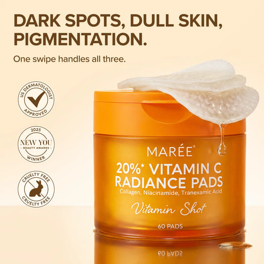 Marée Vitamin Shot Vitamin C Radiance Pads jar in orange, with a translucent pad dripping from the lid, on a warm beige background with marketing text and certification icons.