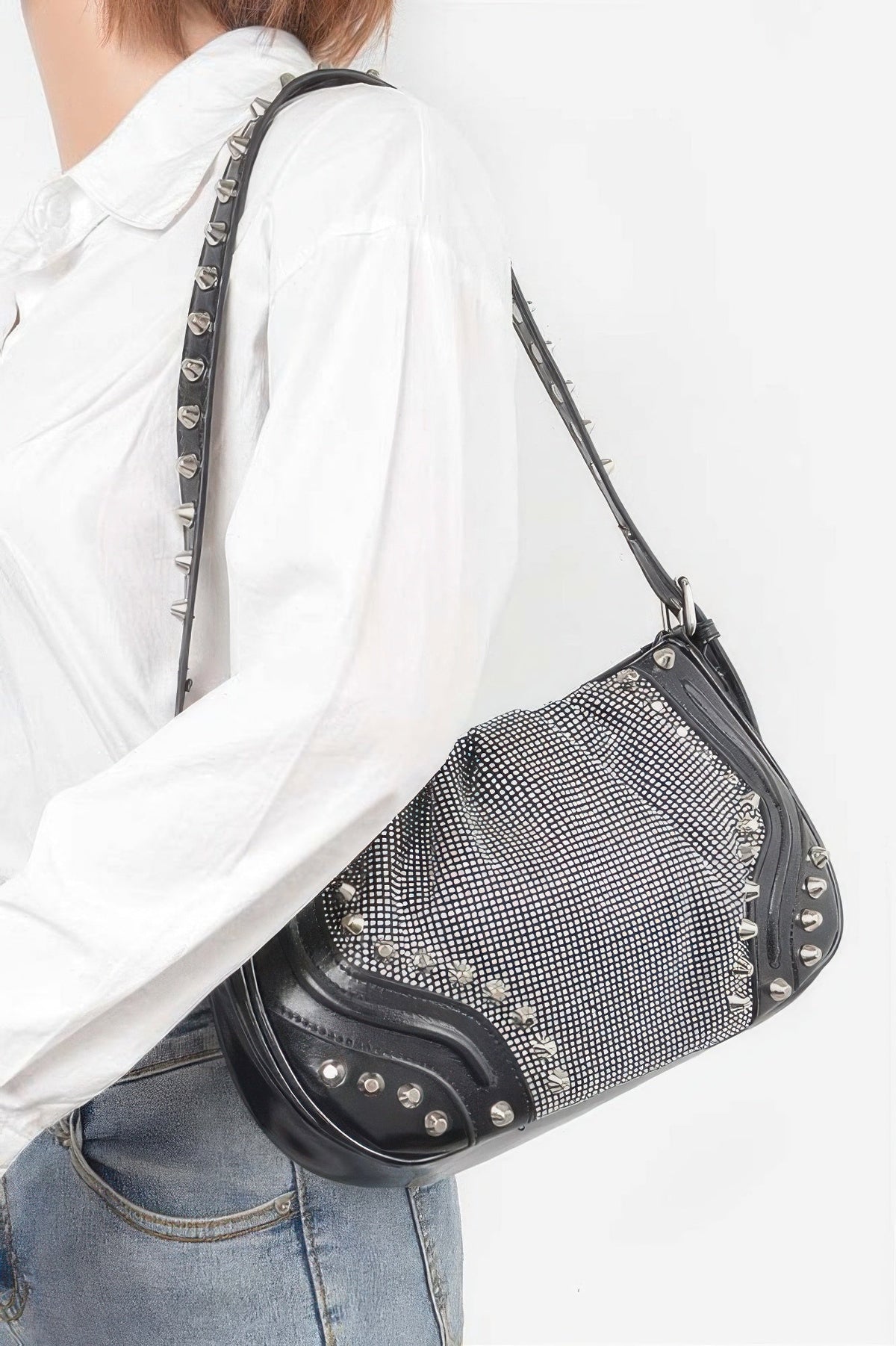 Hot Fix Stones Metal Stud Shoulder Bag, alternate view (2)