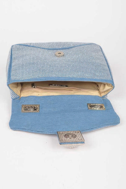 Hot Fix Rhinestone Denim Clutch, styled photo