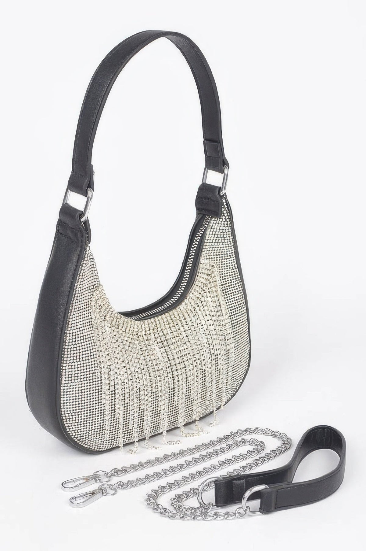 Hot Fix Stones Rhinestones Fringe Hobo Bag, alternate view