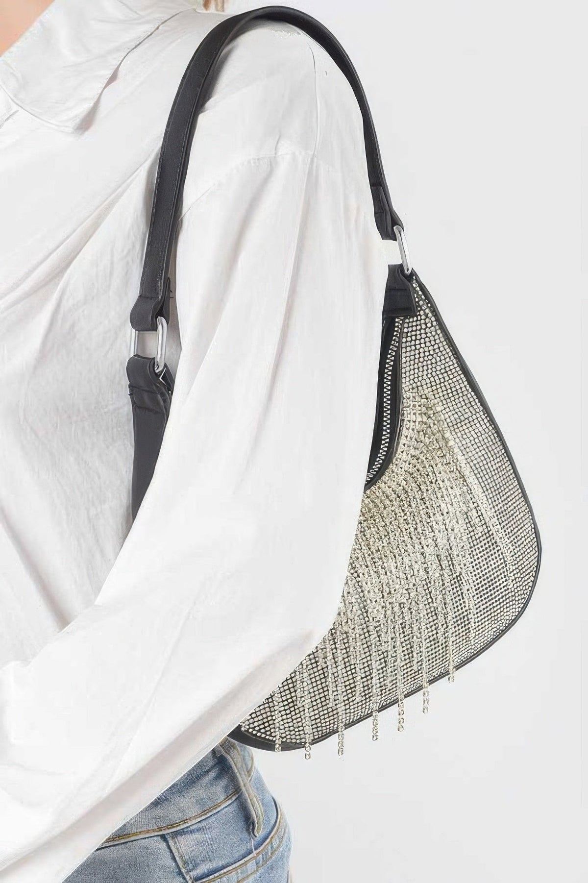 Hot Fix Stones Rhinestones Fringe Hobo Bag, additional detail (2)