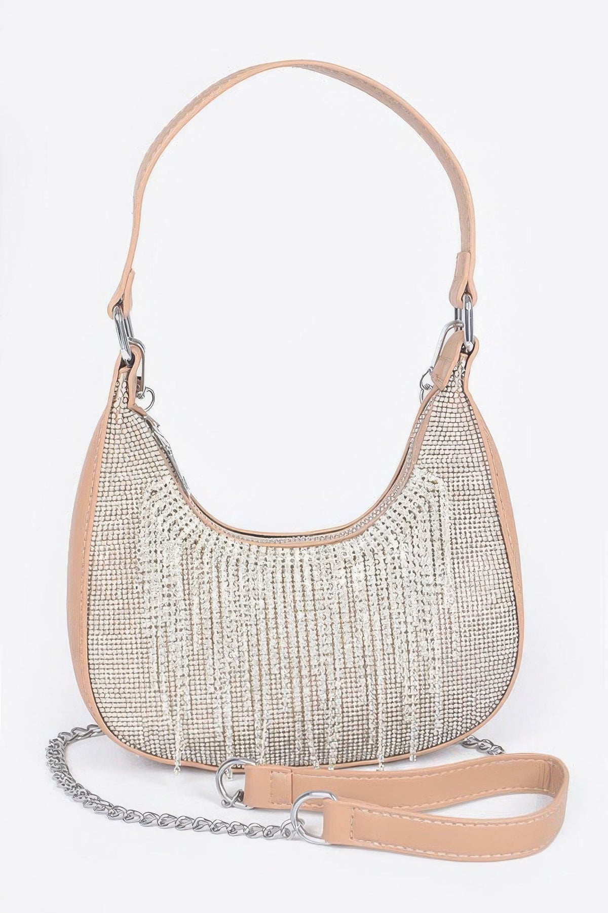 Hot Fix Stones Rhinestones Fringe Hobo Bag, styled photo (2)