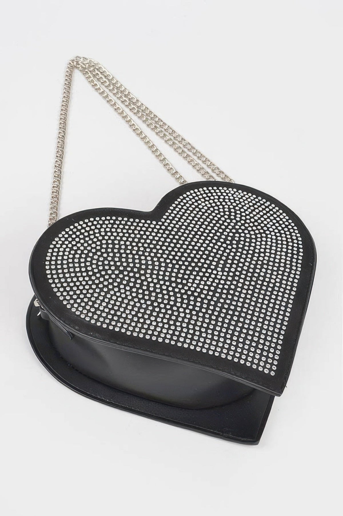 Hot Fix Heart Shape Bag in Black Silver, styled photo