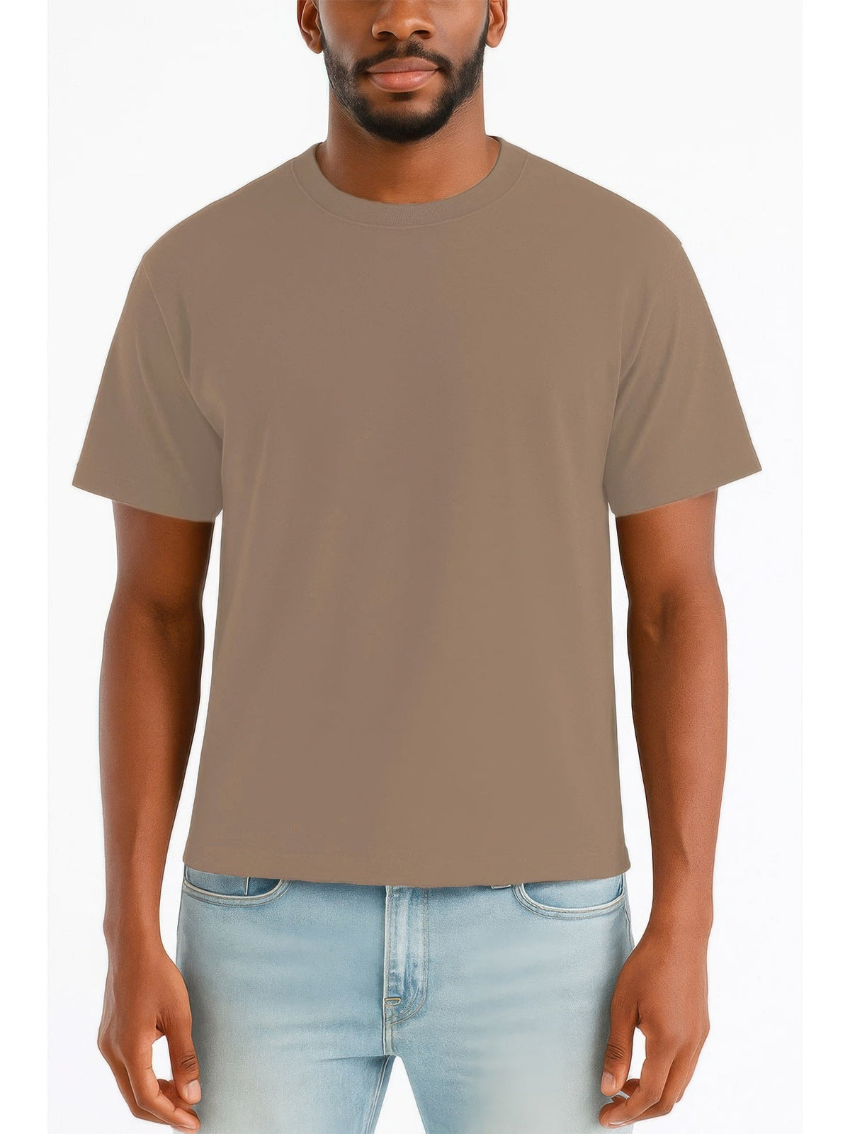 A man wearing a plain taupe-brown short-sleeve crewneck t-shirt and light blue jeans, shown from the chin down against a light gray background.