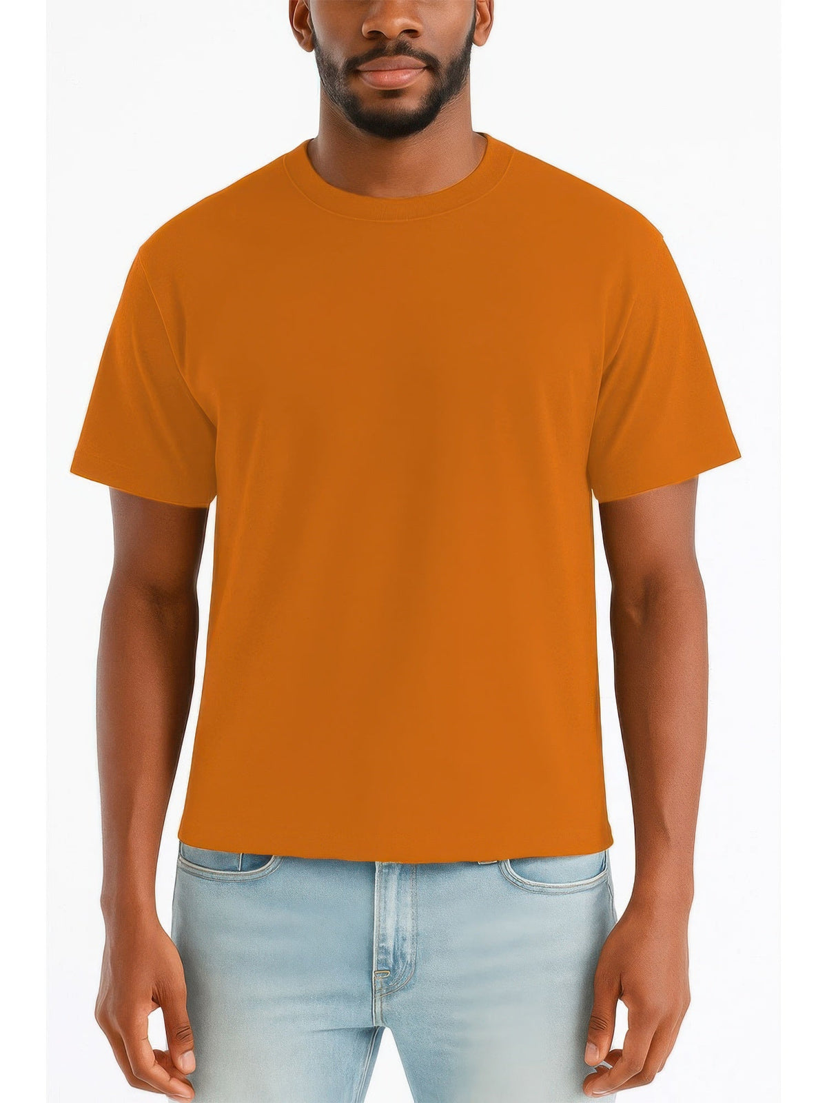 A man wearing a solid orange crew-neck t-shirt and light blue jeans, shown from the chin down against a plain white background.