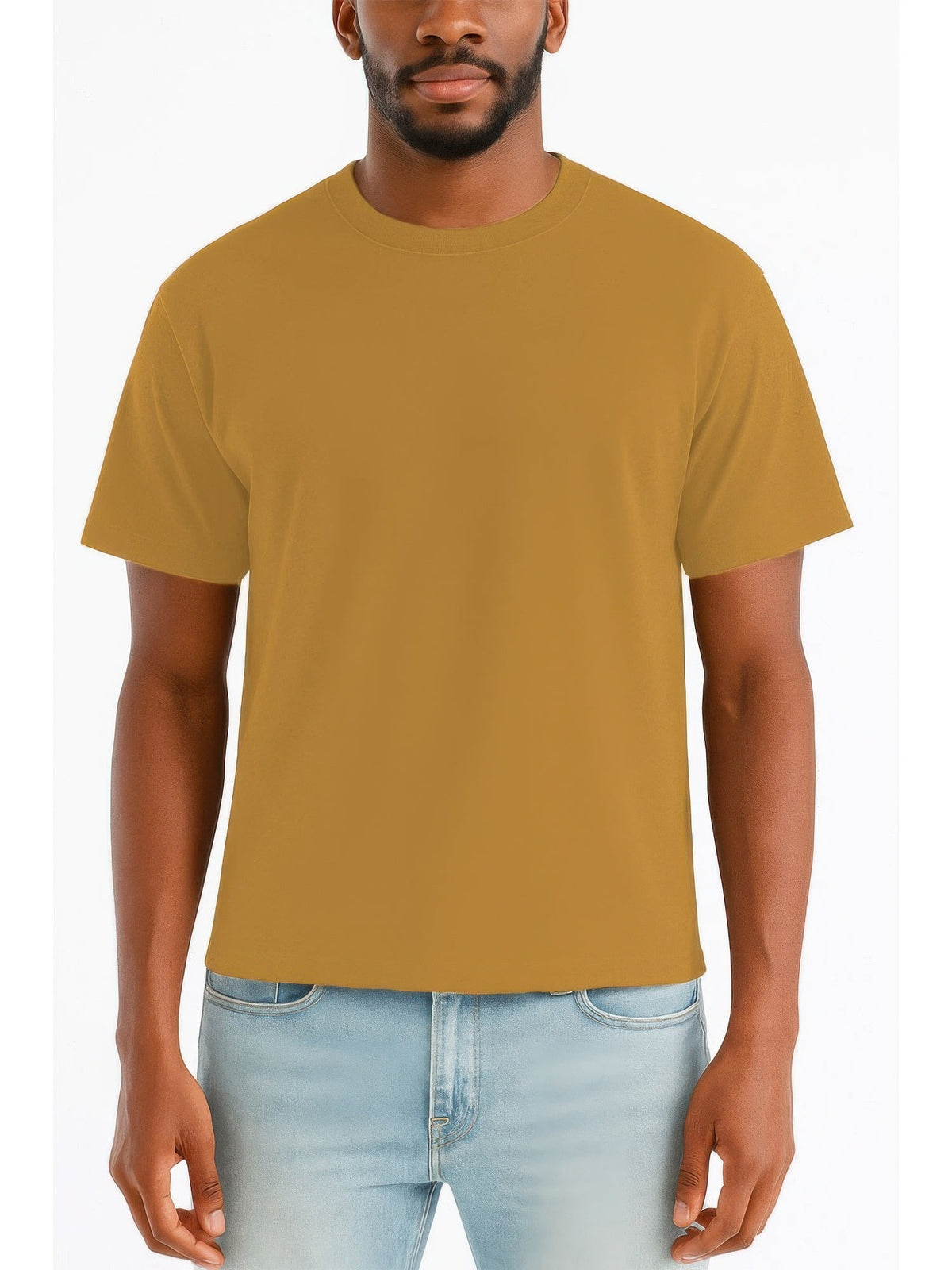 A man wearing a solid mustard yellow short-sleeve crewneck t-shirt and light blue jeans, shown from the chin down against a plain white background.