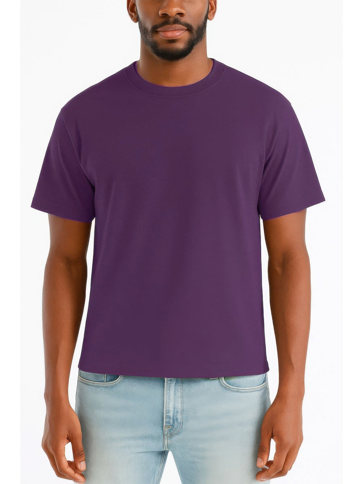 A man wearing a solid purple short-sleeve crewneck t-shirt and light blue jeans, shown from the chin down against a plain white background.