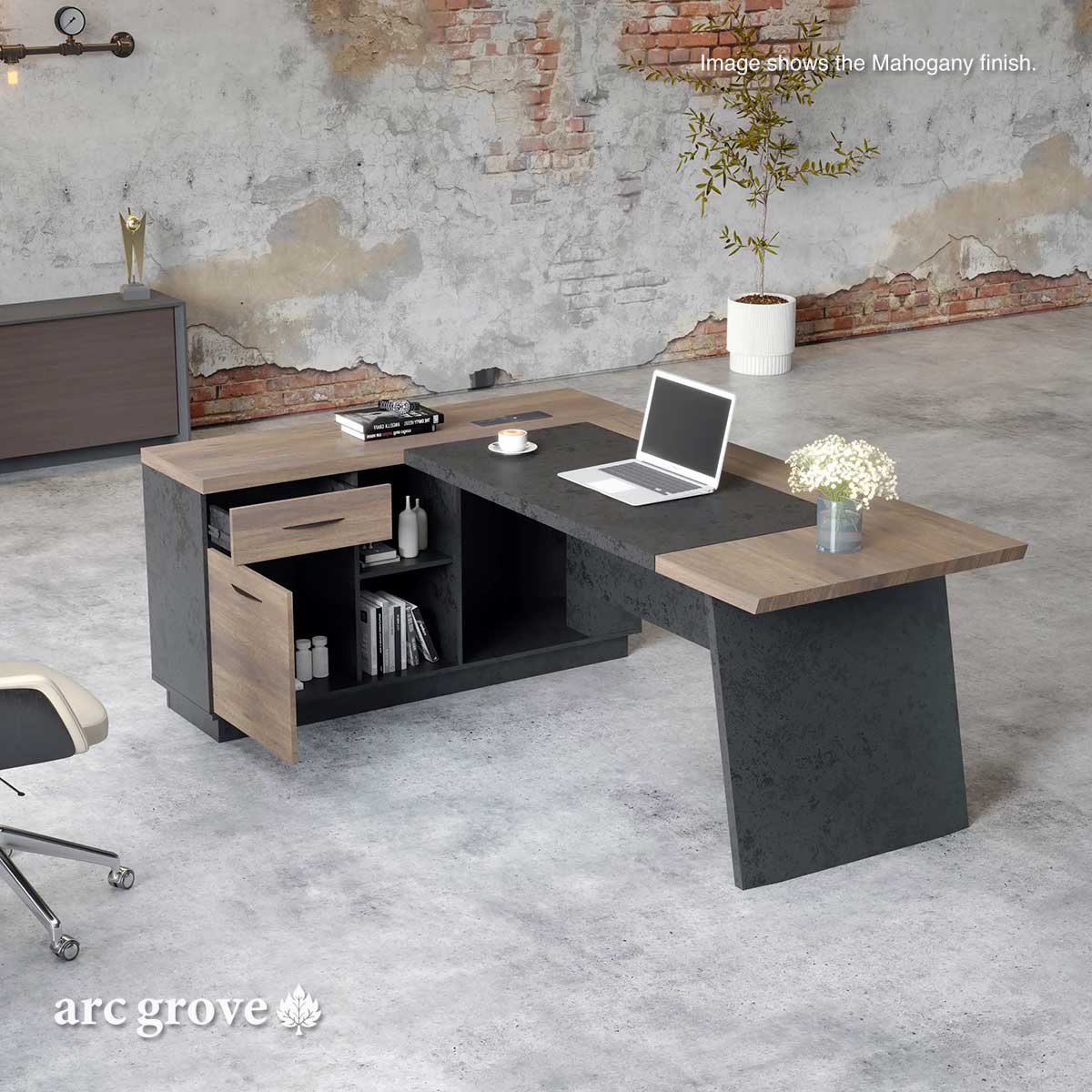 Arc Grove Linton L-shaped executive desk in Mahogany, styled photo