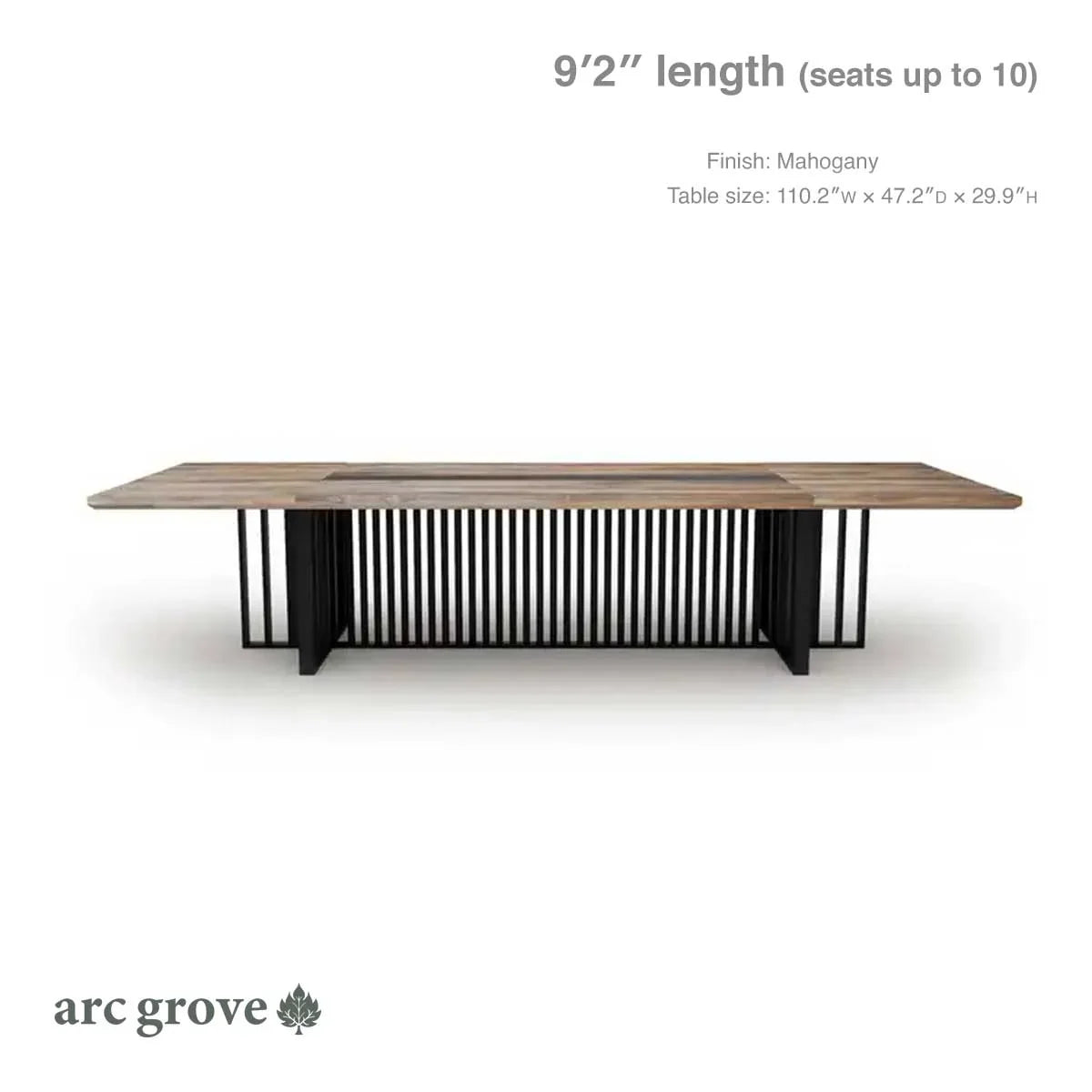 Arc Grove Wright conference room table in Mahogany, dimension diagram for the 9ft length