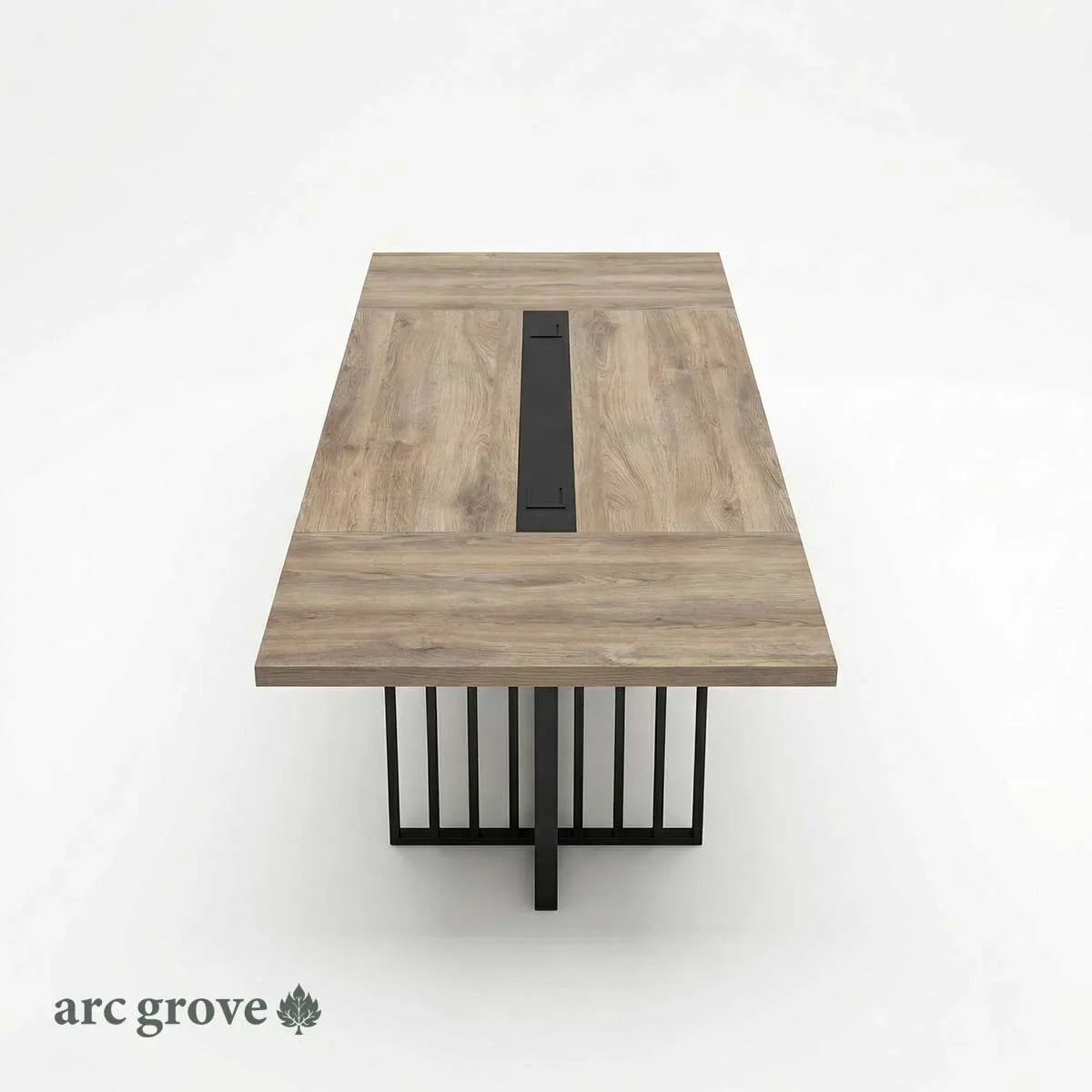 Arc Grove Wright conference room table in Mahogany, isometric view of the 9ft length