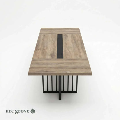 Arc Grove Wright conference room table in Mahogany, isometric view of the 9ft length