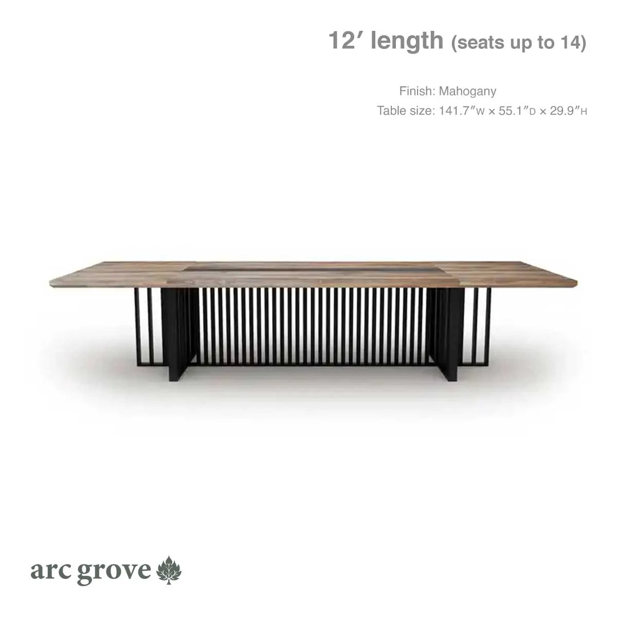 Arc Grove Wright conference room table in Mahogany, dimension diagram for the 12ft length