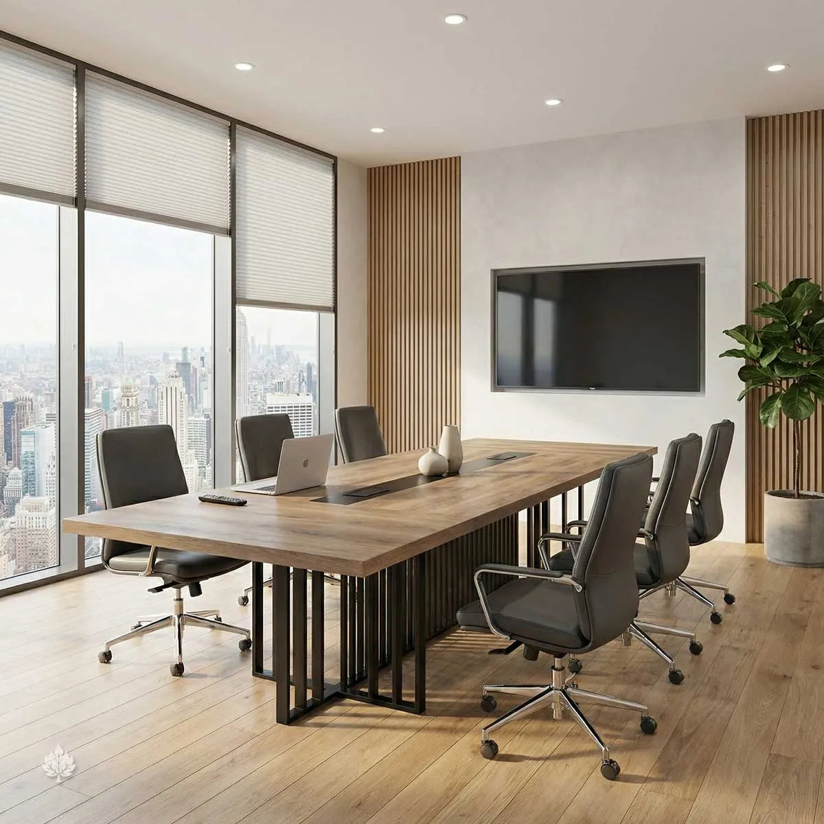 Arc Grove Wright conference room table in Mahogany, styled photo