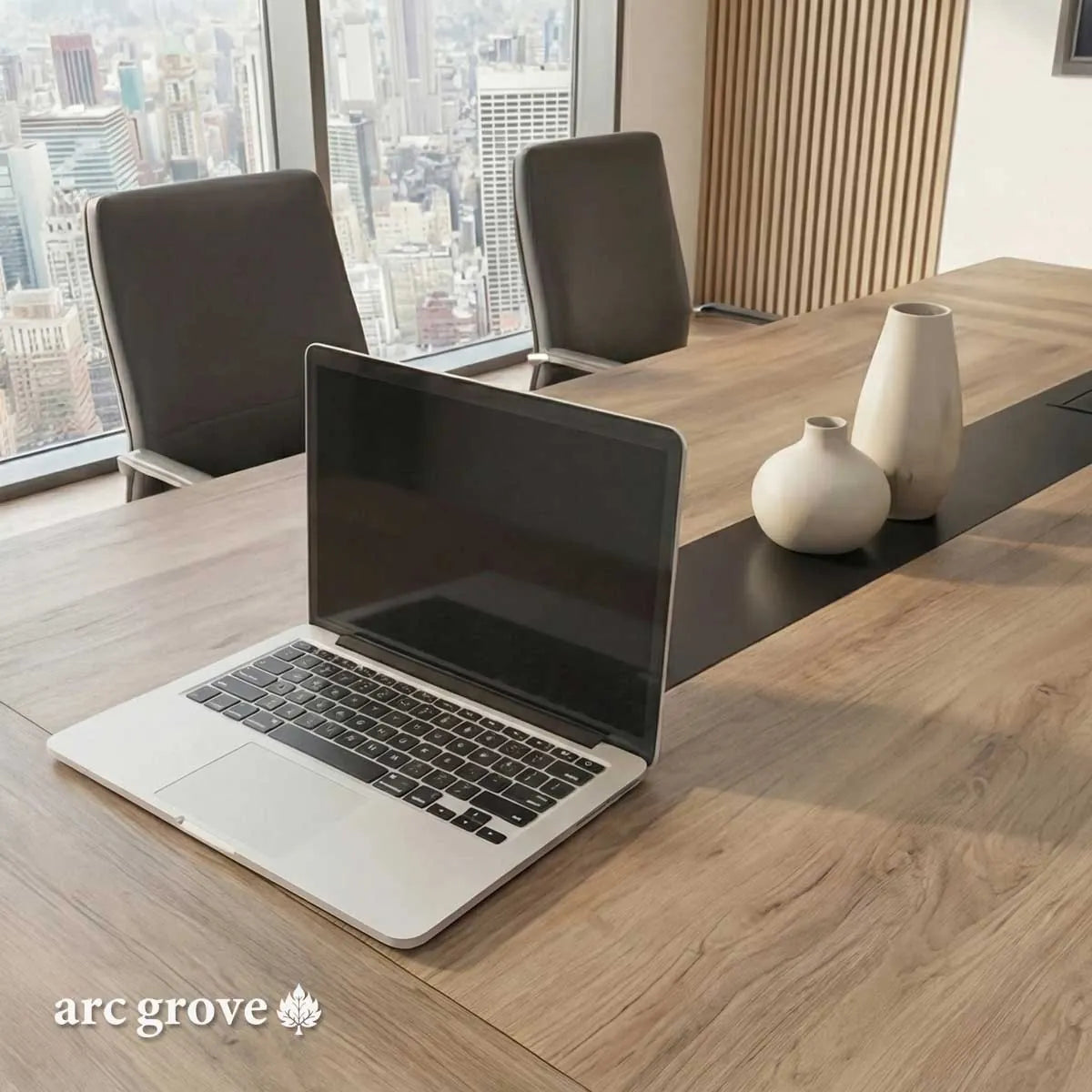 Arc Grove Wright conference room table in Mahogany, styled photo (2)
