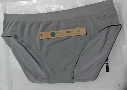 Gray underwear with a 'Spun Bamboo' label on a clear background
