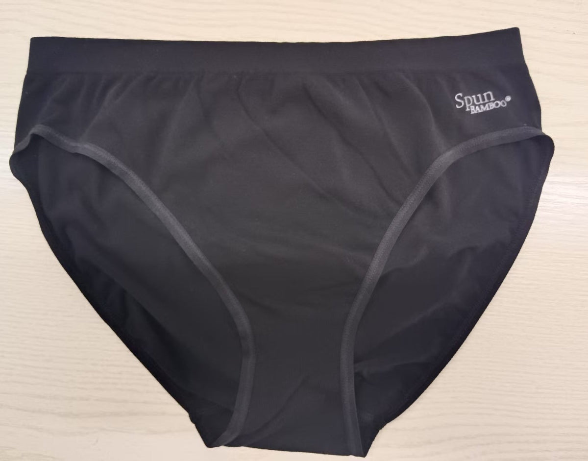 Women's Bamboo & Cotton High-Leg Brief in black, with Spun Bamboo waistband label, on a beige background