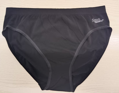 Women's Bamboo & Cotton High-Leg Brief in black, with Spun Bamboo waistband label, on a beige background