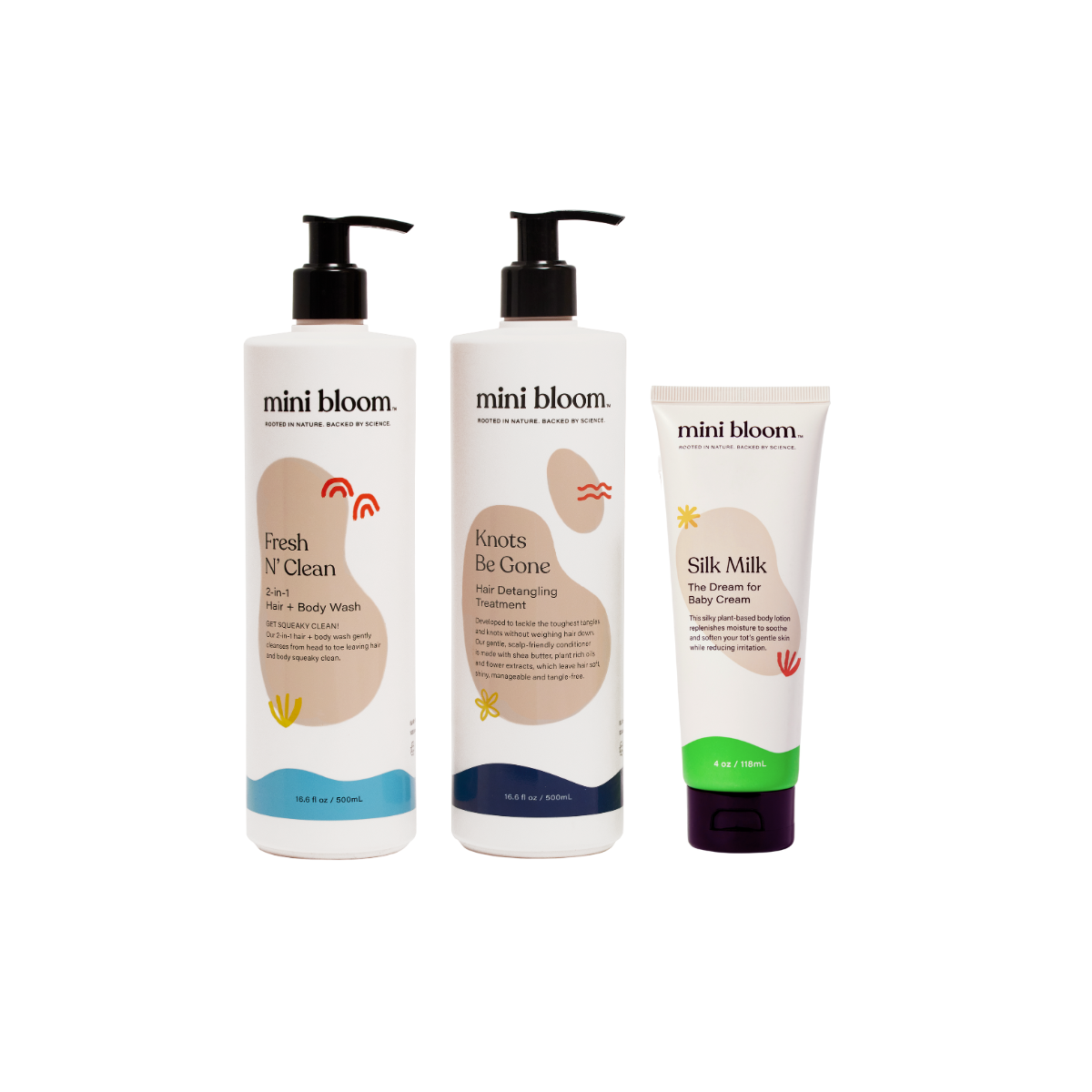 mini bloom Suds 'N Silk three-piece kids bath set, product information