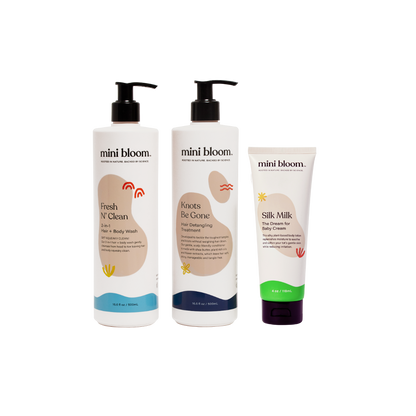 mini bloom Suds 'N Silk three-piece kids bath set, product information