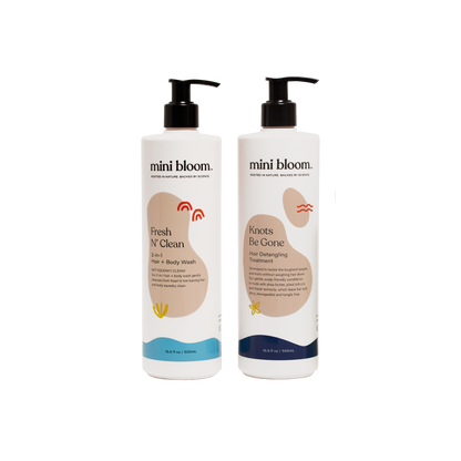 mini bloom Bath Time Duo wash and detangler set, product information