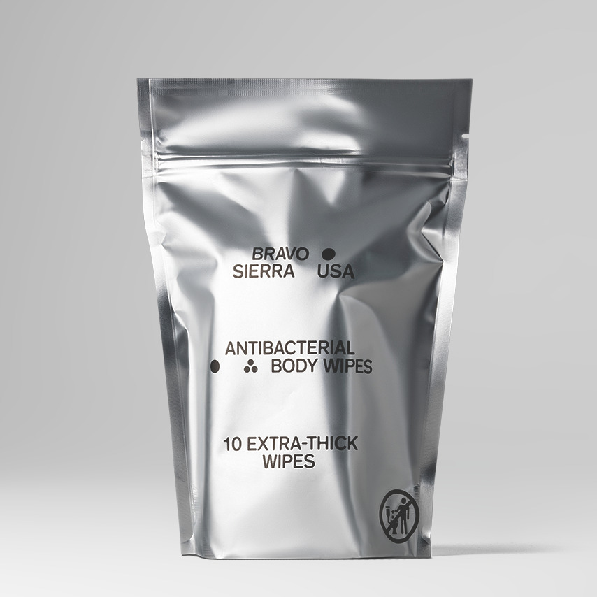 Silver package of Bravo Sierra USA antibacterial body wipes on a gray background