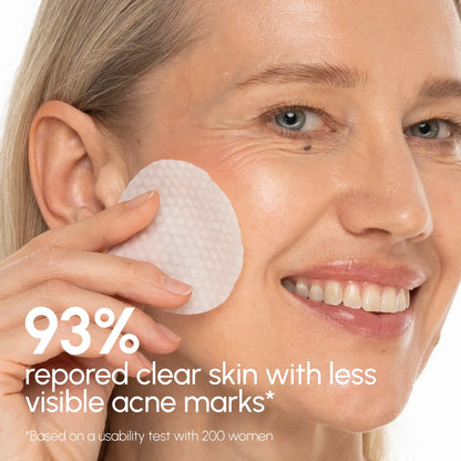 Woman using a skincare product on her face with text about skin improvement.