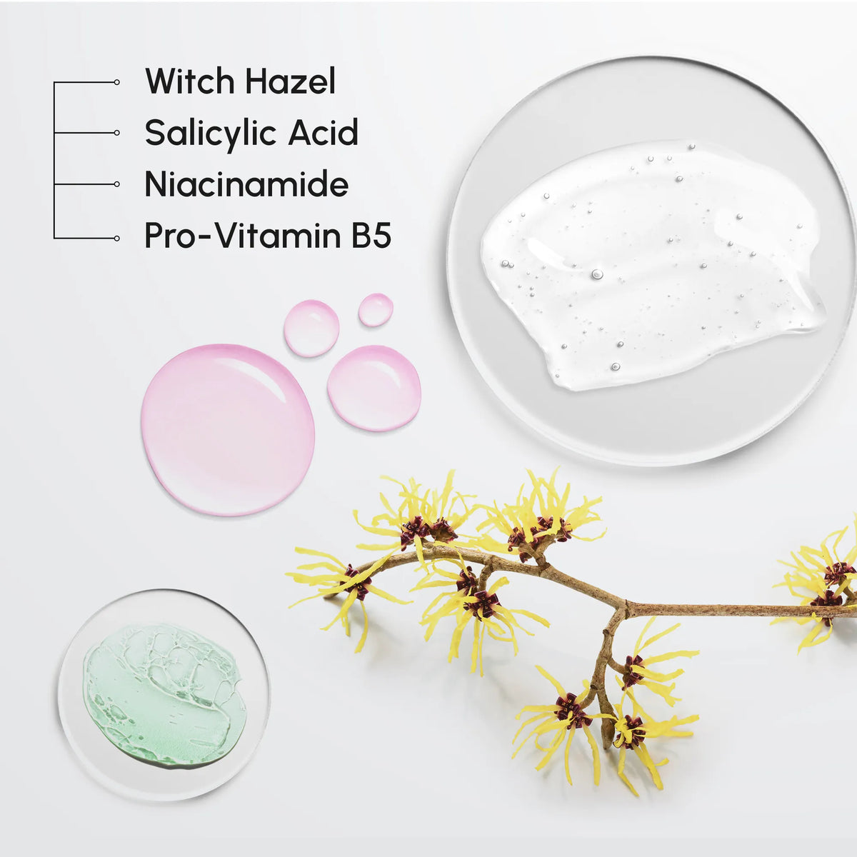 Skincare product with witch hazel, salicylic acid, niacinamide, and pro-vitamin B5 labeled on a white background.