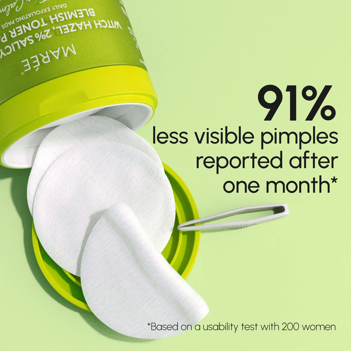 Green skincare product with cotton pads and text on a light green background