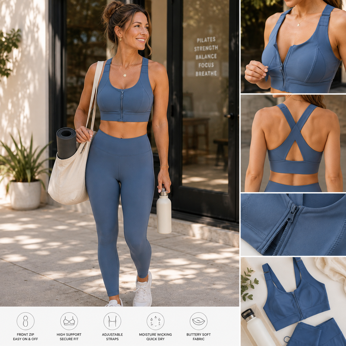 A woman wearing a matching slate blue activewear set consisting of a zip-up sports bra and high-waisted leggings, shown in a lifestyle outdoor setting with close-up inset views of the front, back, and zipper detail.