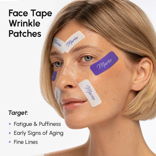 Woman's face with face tape wrinkle patches applied, targeting fatigue, puffiness, early signs of aging, and fine lines.
