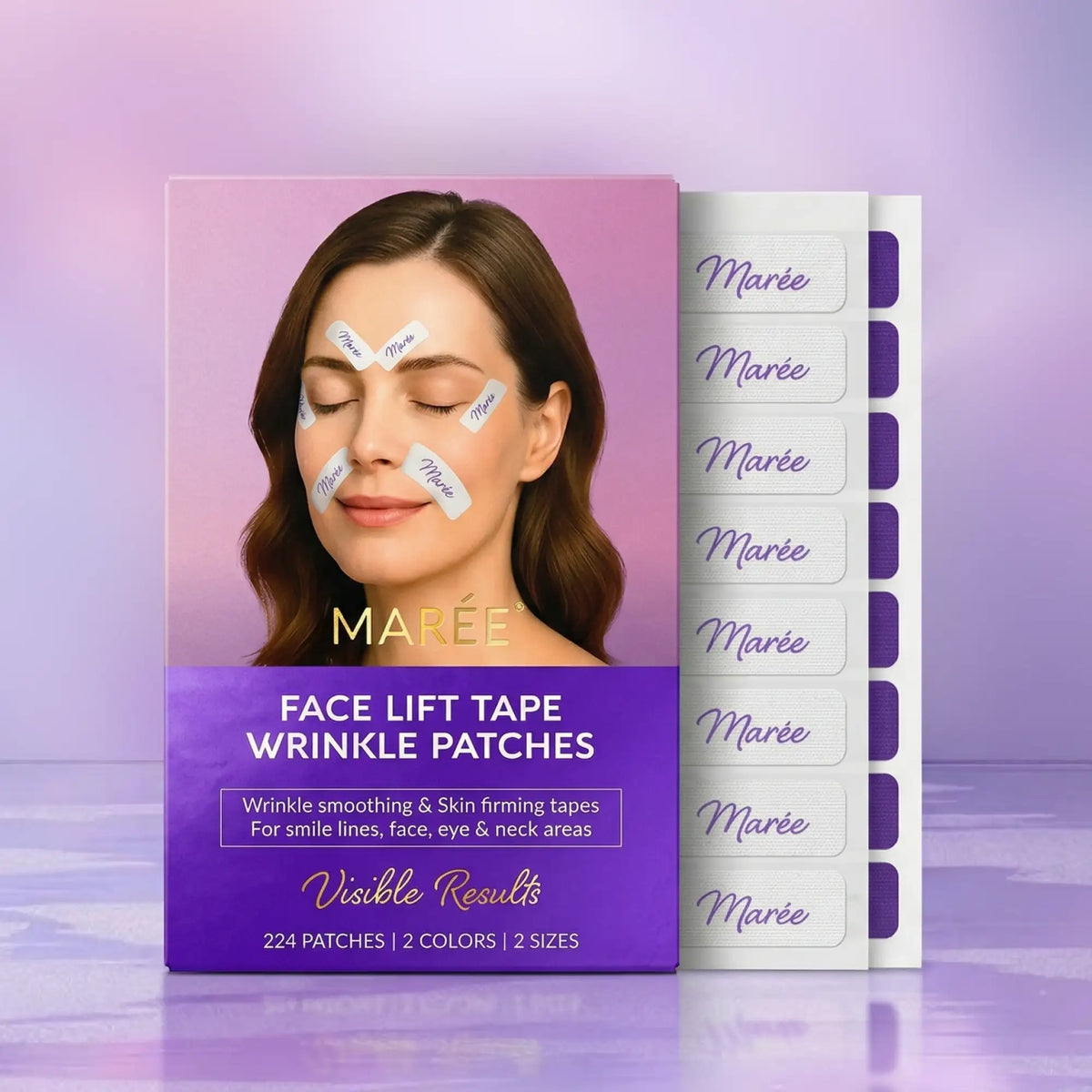 MARÉE Face Lift Tape Wrinkle Patches shown in retail packaging with a sheet of individual white adhesive tapes featuring purple MARÉE branding, set against a soft lavender gradient background.