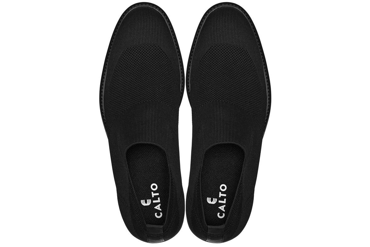 CALTO X1541 black knit elevator dress shoe, further detail view