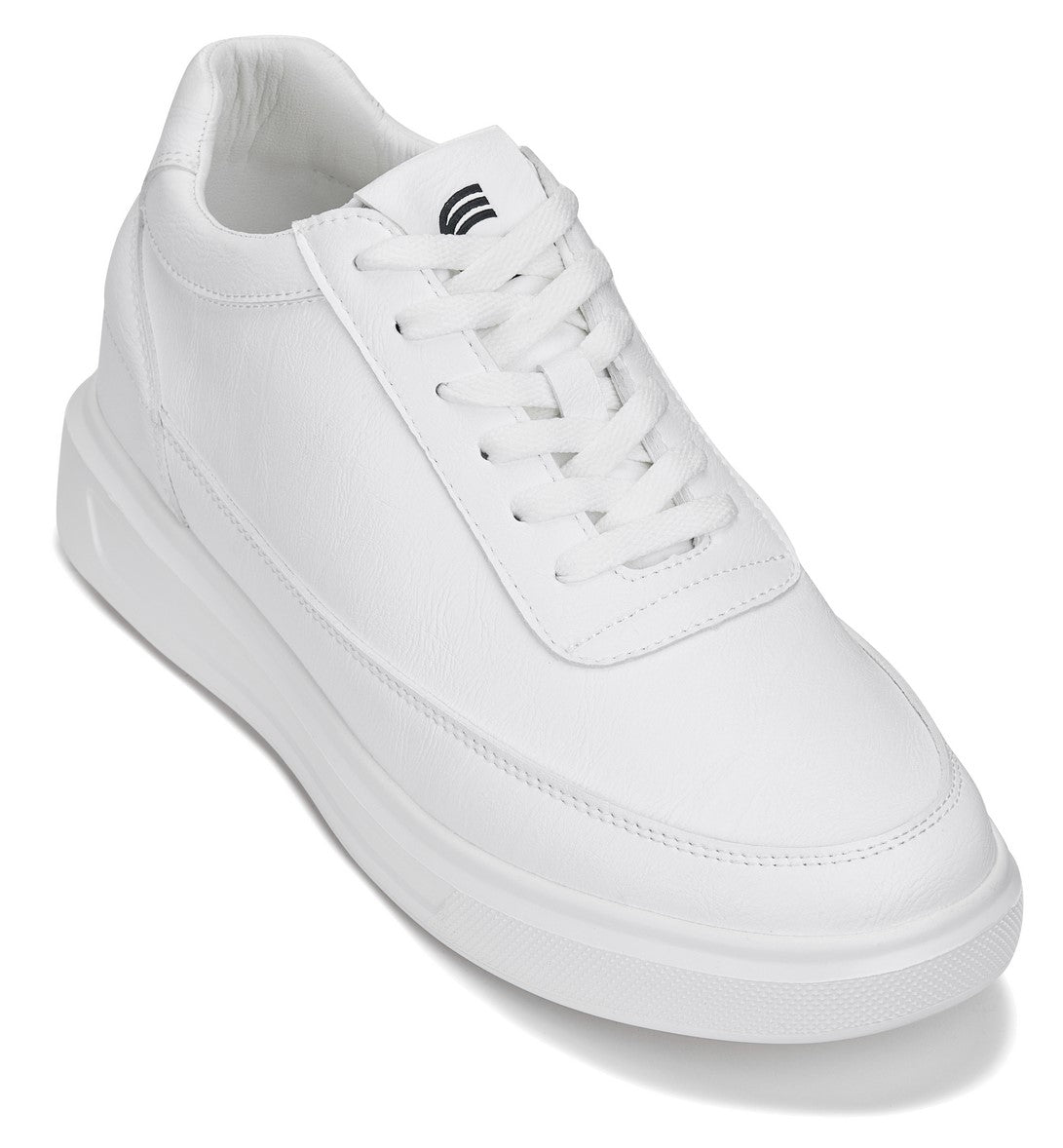 A white low-top sneaker with a thick platform sole, white laces, and a small black logo on the tongue, shown on a clean white background.