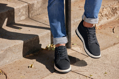 CALTO X2322 knit elevator sneaker in black and white, second styled product photo