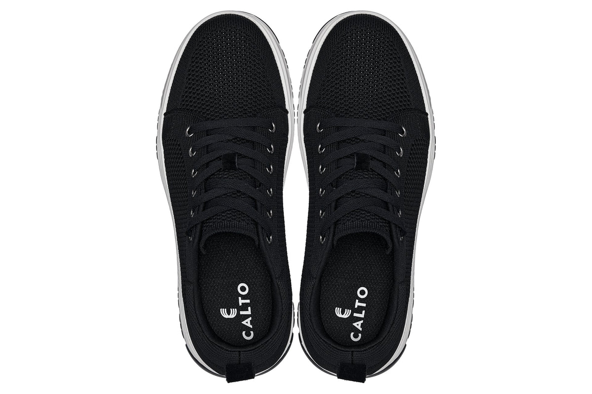 CALTO X2322 knit elevator sneaker in black and white, styled photo